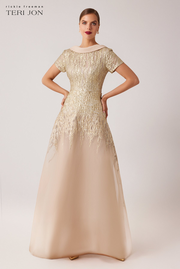 Roll Neck Cap Sleeve Metallic Organza Jacquard Gown