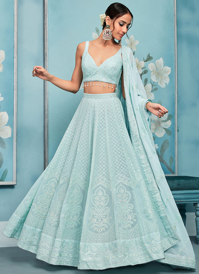 Sky Blue Thread Embroidered Lehenga
