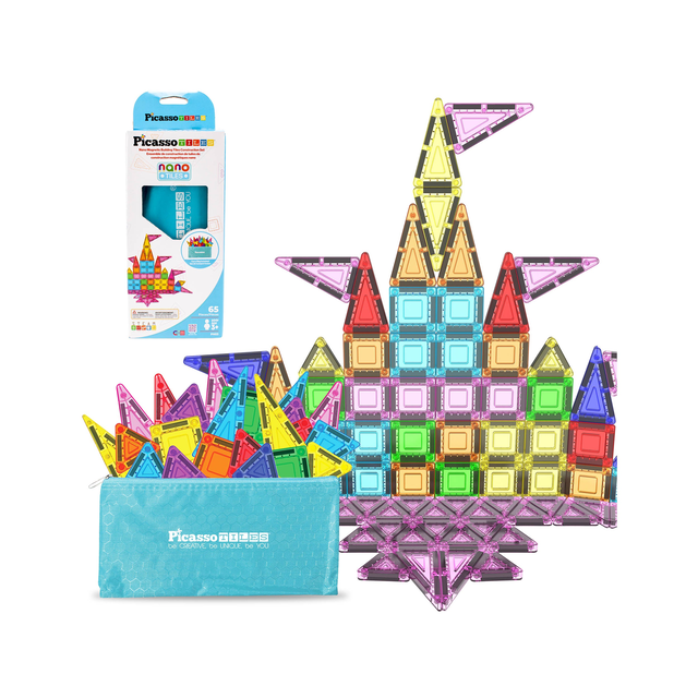 PicassoTiles 65pc Nano Magnetic Tiles Travel Set with Carry Zipper Bag
