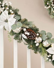 Pre-Lit Decorated Frosted Garland & Wreath, White/Silver