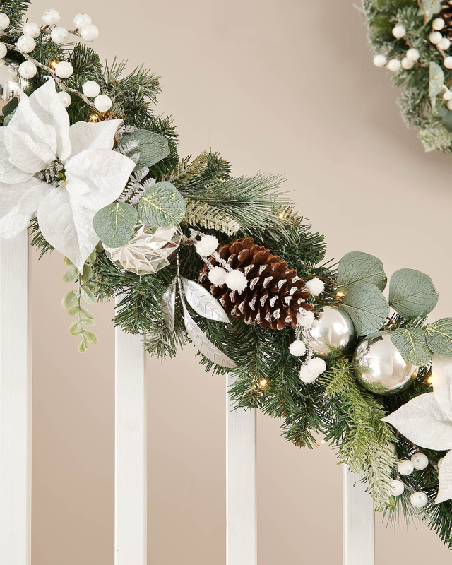 Pre-Lit Decorated Frosted Garland & Wreath, White/Silver