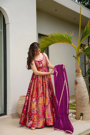 Women's Multi Silk Digital Print  V Neck Gown