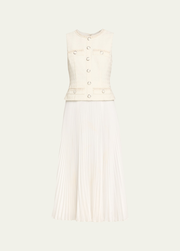 Pleated Boucle Mixed Media Midi Dress