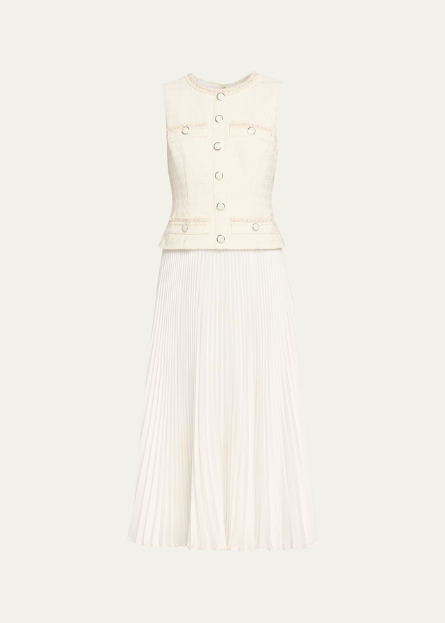 Pleated Boucle Mixed Media Midi Dress