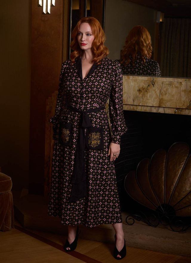Christina Hendricks X Joanie - Vetiver Foulard Print Smoking Jacket Midi Dress
