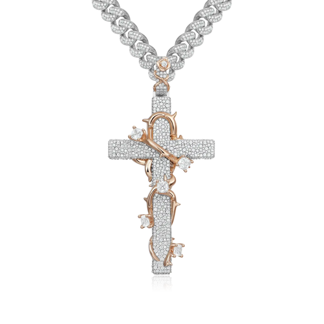 Moissanite Pave Set Thorned Rose Cross Pendant