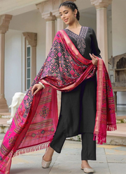 Black Blended Cotton Embroidered Straight Pant Suit With Patola Print Dupatta After Six Wear