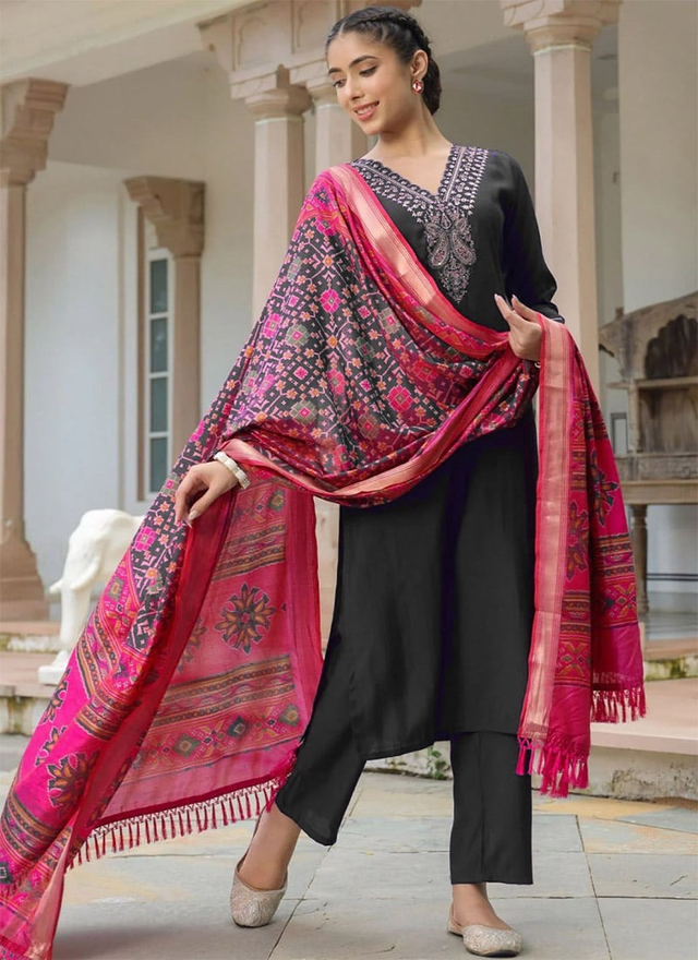 Black Blended Cotton Embroidered Straight Pant Suit With Patola Print Dupatta After Six Wear