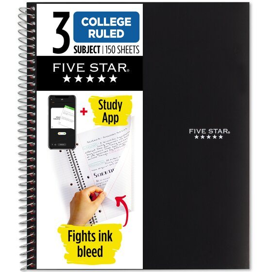 Five Star® Wireound Notebook Plus Study App, 3 Subject, College Ruled