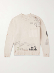 Distressed Printed Cotton Sweater - ecru - One Size