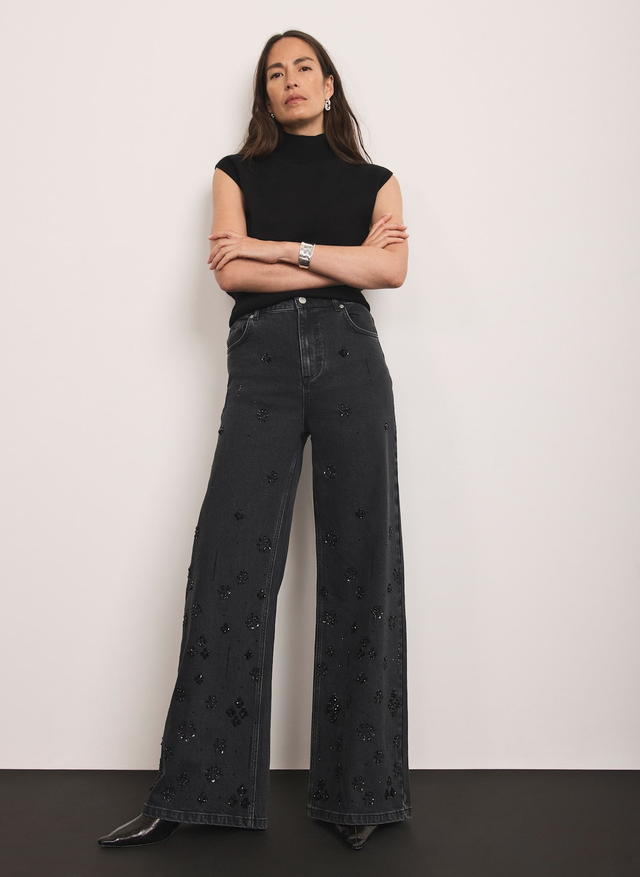 Washed Black Embellished Wide Jeans