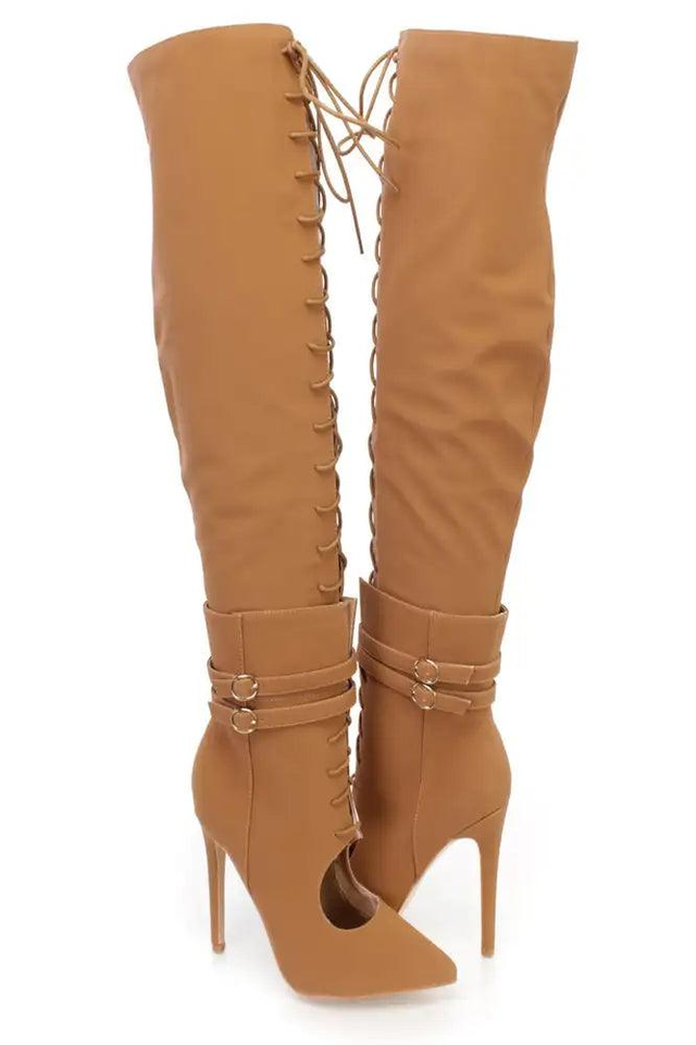 Camel Thigh High Lace Up High Heel Boots Nubuck