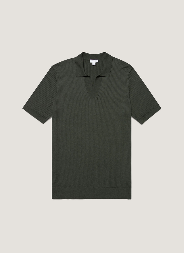 Men's Fine Rib Silk Cotton Polo Shirt in Dusk Green