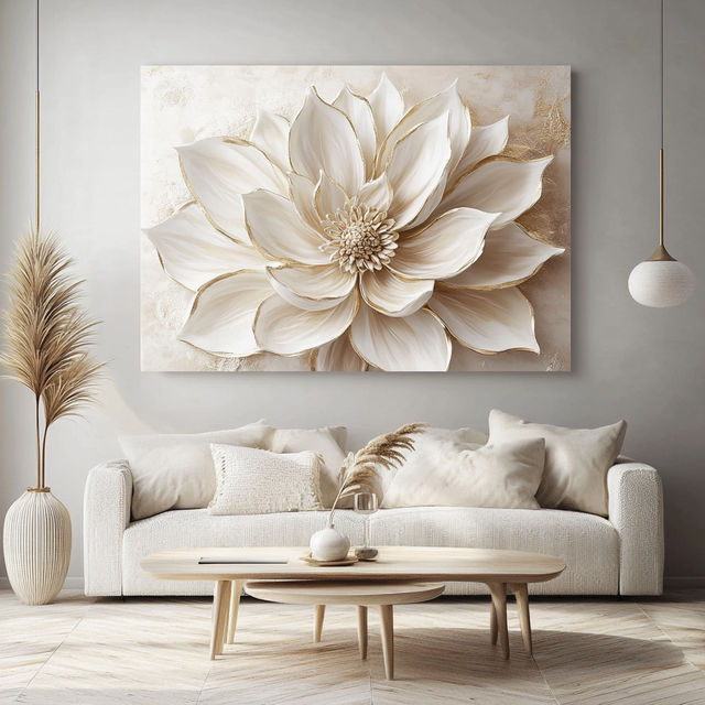 Luxury Flower Wall Art – Oversized Neutral Canvas with Beige and Gold Petals