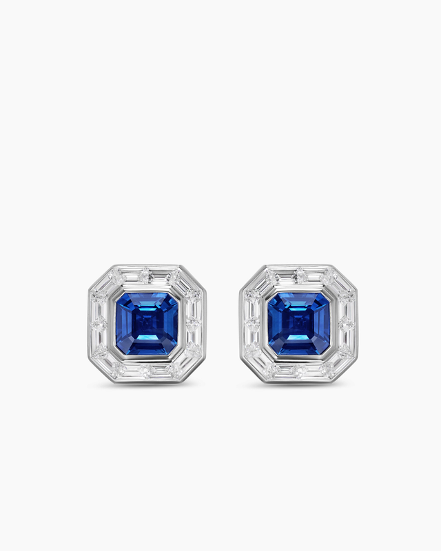Deco Stud Earrings in Platinum with Sapphires and Diamonds