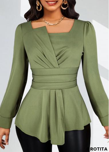 ROTITA Plus Size Asymmetry Sage Green Asymmetrical Neck Blouse