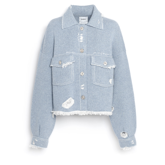 Denim fringed cashmere and cotton jacket