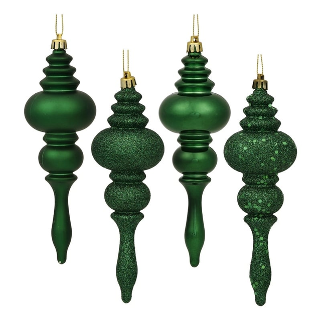 Vickerman 7" Plastic 4-Finish Finial Ornaments in Emerald Green (Set of 8)