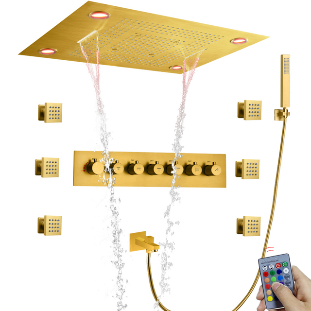 Luxury Thermostatic Shower System - Rainfall Ceiling Shower with LED In Brushed Brass - Sweethome