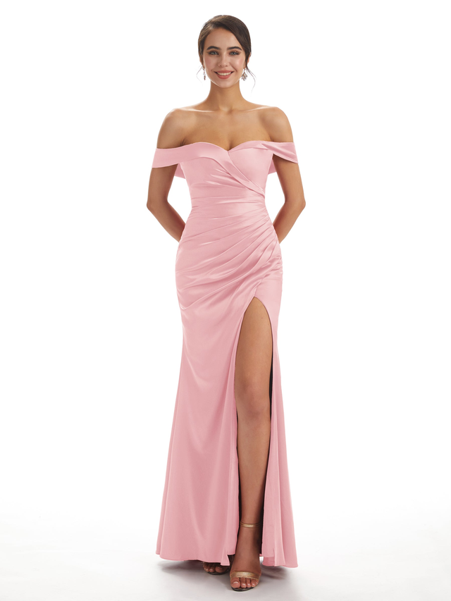 Sexy Side Slit Off The Shoulder Mermaid Soft Satin Bridesmaid Dresses Online