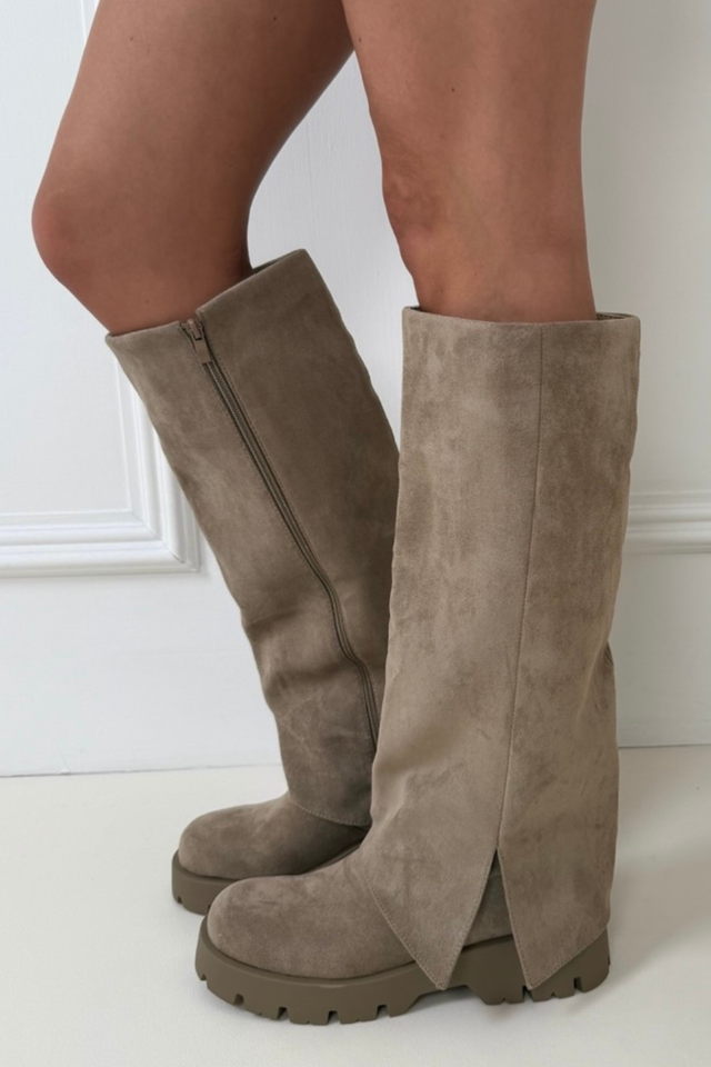 Alivia beige faux suede knee high flat boots
