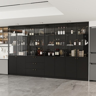 Glass Door Display Cabinet with LED Aluminum Frame Modern Black Storage Unit Pantry Bookshelves