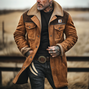 Men's Carhartt Jacket Vintage Suede Patchwork Lamb Fleece Multi-Pocket Reverse Collar Outdoor Jacket Coat