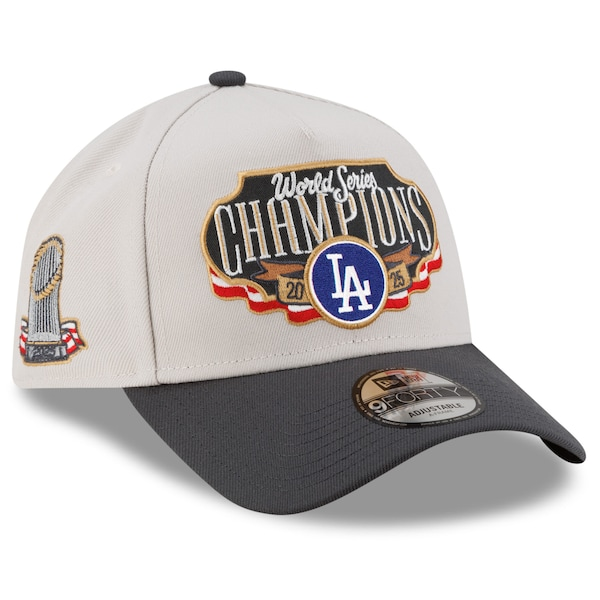 Men's Los Angeles Dodgers  New Era Cream/Charcoal 2025 World Series Champions Locker Room A-Frame 9FORTY Adjustable Hat