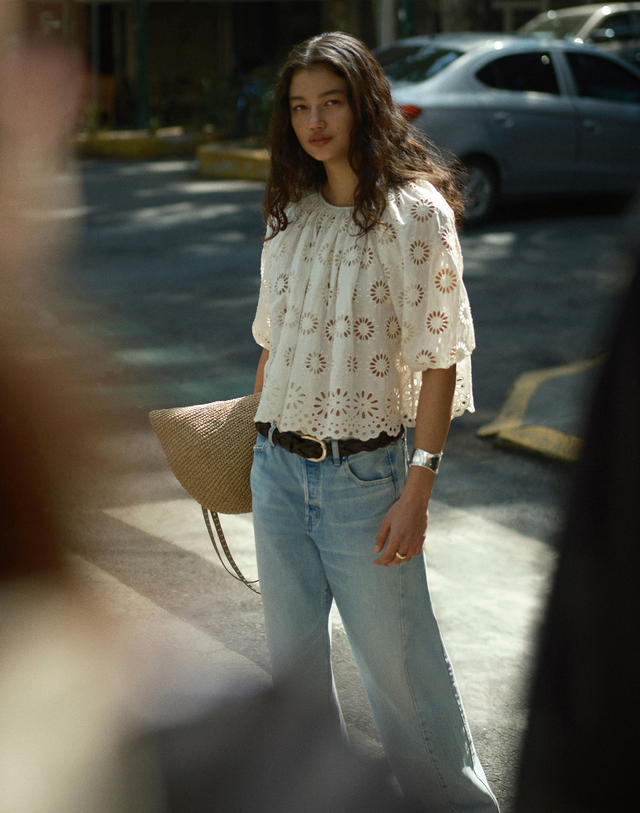 Embroidered Shirred Puff-Sleeve Top