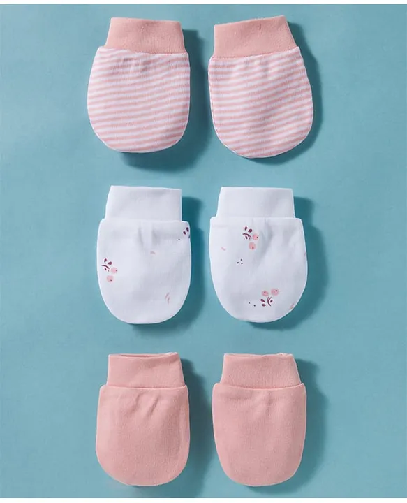 I Bears Interlock Knit Mittens with Stripes & Floral Print Pack of 3 - White & Pink