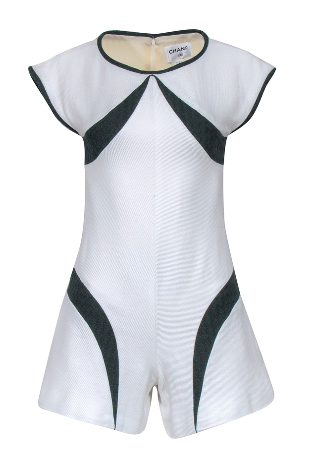 Chanel - Off White Tweed Romper w/ Hunter Green Inset Sz 2