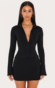 Petite Black Ribbed Long Sleeve Button Up Shirt