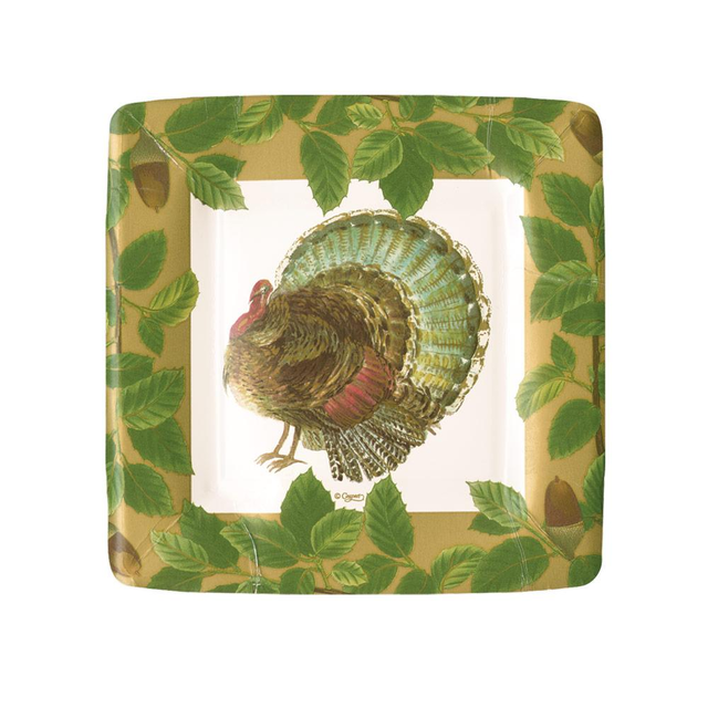 Turkey and Acorns Square Paper Salad & Dessert Plates - 8 Per Package