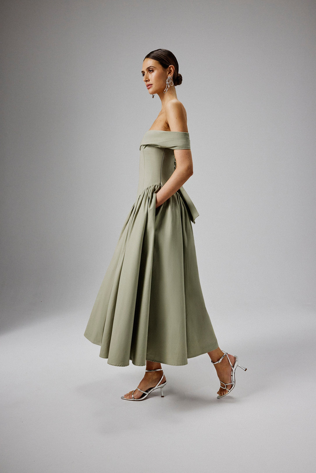 EMILY Off Shoulder Volumed Flared Sun Dress in Sage Green
