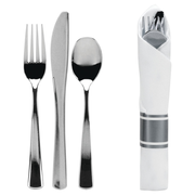Rolled Cutlery Combo with Napkin – Polished Silver Premium Plastic for Events & Catering