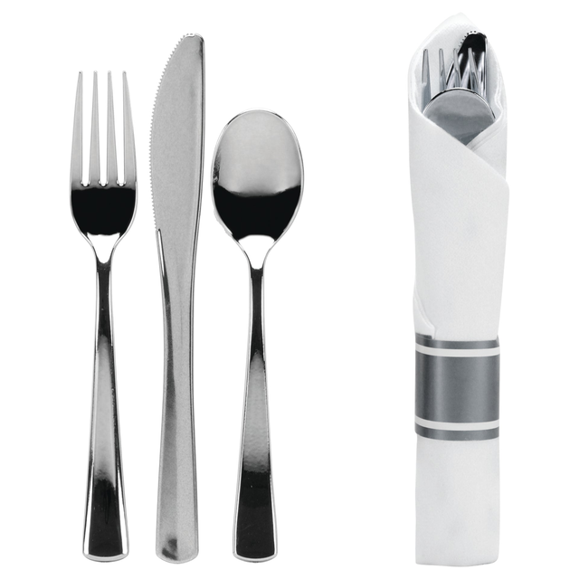 Rolled Cutlery Combo with Napkin – Polished Silver Premium Plastic for Events & Catering