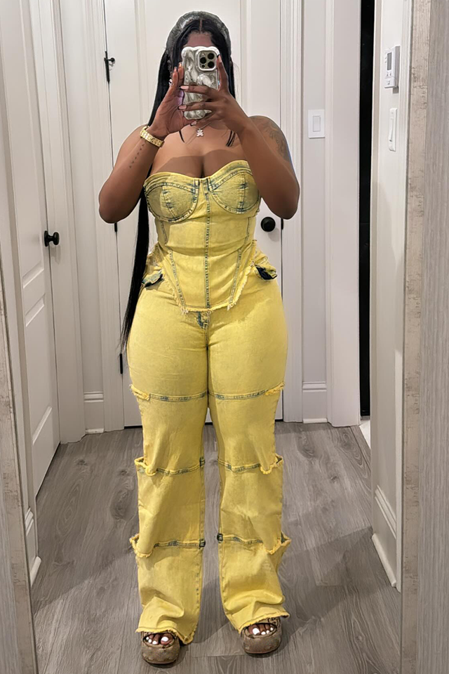 Denim Strapless Irregular Top Cutout Pants Matching Set-Yellow [Pre Order]