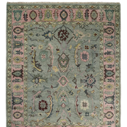 Hand Knotted Pale Green and Pink Traditional Oushak Wool Area Rug