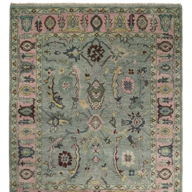 Hand Knotted Pale Green and Pink Traditional Oushak Wool Area Rug