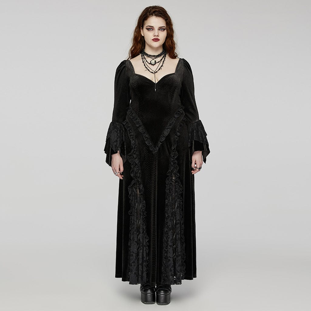 Women's Plus Size Gothic Flared Sleeved Embossed Velvet Prom Dress Wedding Dress