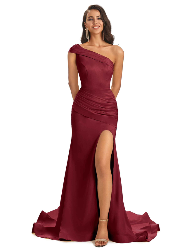 Sexy Soft Satin Side Slit One Shoulder Long Mermaid Bridesmaid Dresses Online