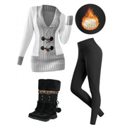 Contrast Color Mock Horn Button Plunge Neck Sweater And Fleece-lined Leggings Faux Fur Warmth Mid-calf Boots Outfit
