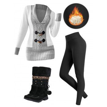 Contrast Color Mock Horn Button Plunge Neck Sweater And Fleece-lined Leggings Faux Fur Warmth Mid-calf Boots Outfit