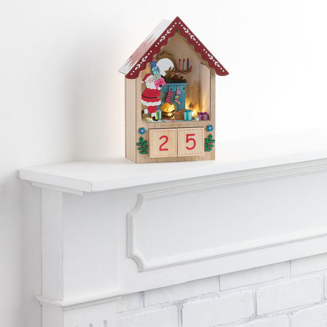 Laser Cut Wood Santa Hearth LED Light Up Countdown Calendar