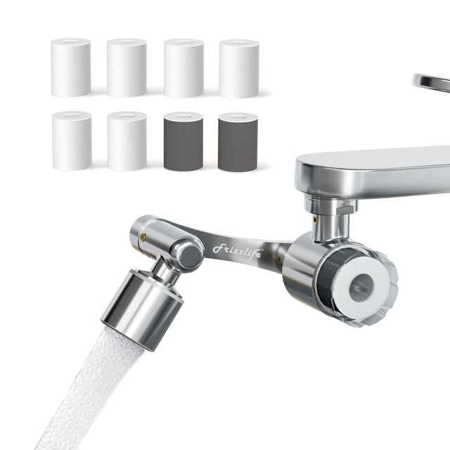 Frizzlife Splash-Proof Sink Faucet Extender with Filter, NSF Certified Reduce 99% Chlorine, 1080° Rotating Tap Aerator, 2 Modes Spray Attachment for Kitchen/Bathroom/Toddlers, 8pcs Replacement Filter