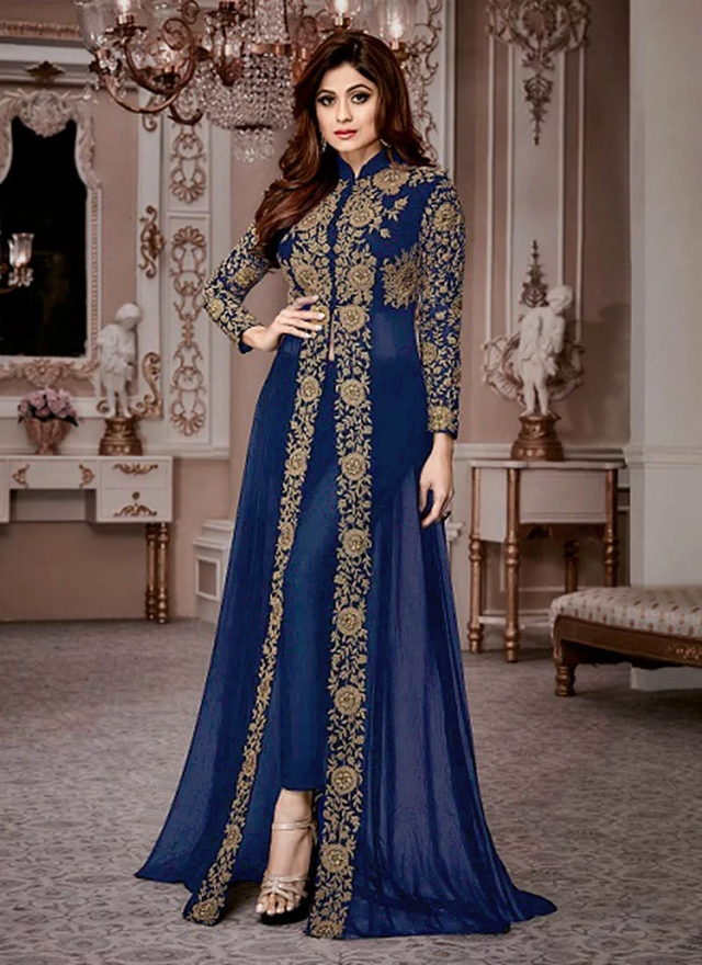 Shamita Shetty Navy Blue Georgette Anarkali Suit Party Wear