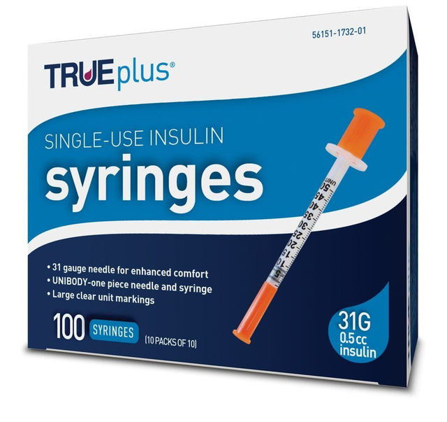 Trueplus Single-Use Insulin Syringe, 31G x 5/16", .5 mL (100 Count)