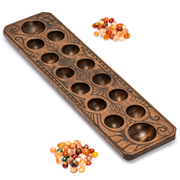 Mancala Set With Solid Wood Board and Quartz Pebble Playing Pieces
