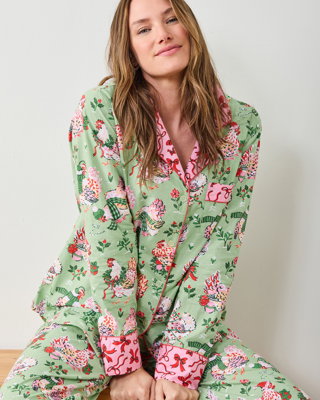 Holiday Hens - Long PJ Set - Sage