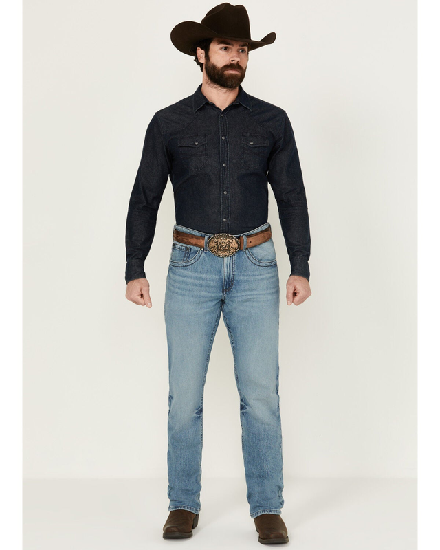 Product Name:  Rock 47 by Wrangler Men's Red Valley Light Medium Wash Slim Straight Stretch Denim Jeans